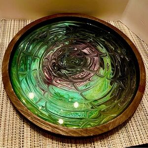 New Pour Paint Abstract Green & Purple Swirl Art Serving Tray.